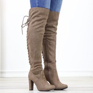 Taupe Faux Suede Over The Knee Lace Up Back Side Zipper High Heel